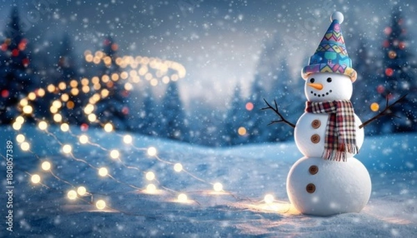 Fototapeta Whimsical snowman wearing vibrant knitted hat celebrates winter holidays amid twinkling fairy lights and gentle snowfall