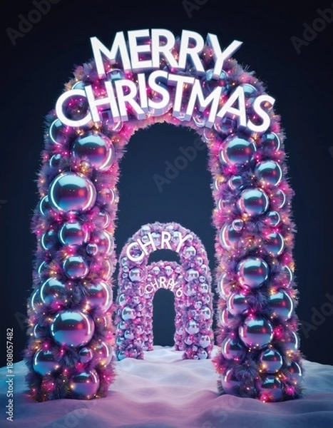 Fototapeta Luminous Christmas archway adorned with iridescent baubles and twinkling lights creating magical holiday entrance