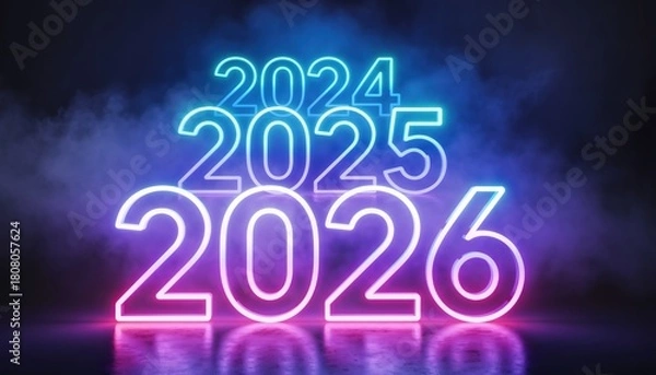 Fototapeta Electric Neon Numbers 2024 2025 2026 Glowing Against Smoky Purple Blue Background for Future Planning Concepts