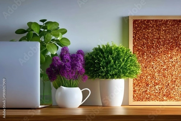 Obraz A modern desk setup featuring a laptop, a tall green plant, purple flowers in a white vase, a round green plant in a white pot, and a framed piece of art with a