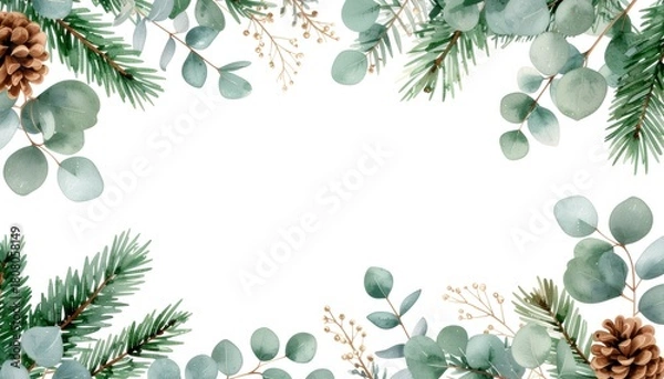 Fototapeta Delicate watercolor eucalyptus and pine branches frame white background with golden berries and natural pinecones