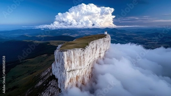 Obraz A dramatic landscape featuring a sheer white cliff face, topped with a small white building, emerging from a sea of clouds.