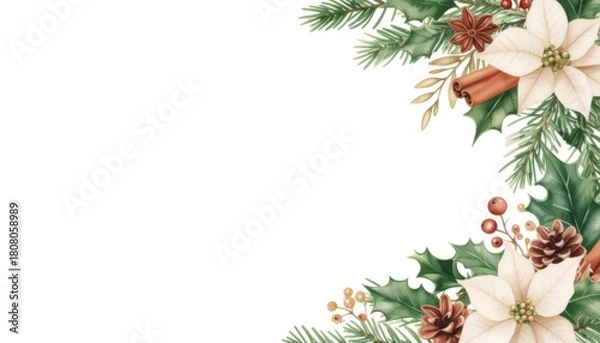 Fototapeta Watercolor Christmas botanical border featuring poinsettias, pine branches, holly leaves, and warm cinnamon spice elements on clean background