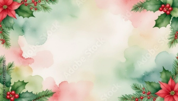 Fototapeta Vintage Watercolor Christmas Greeting Card Background with Holly Berries and Poinsettia Border Design