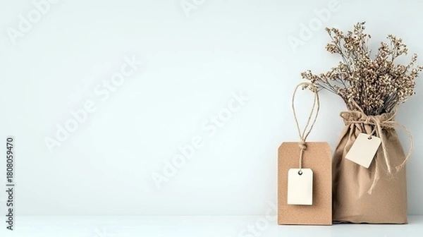 Obraz A rustic arrangement of dried flowers in a brown paper bag sits next to a large brown gift tag with a smaller tag attached.