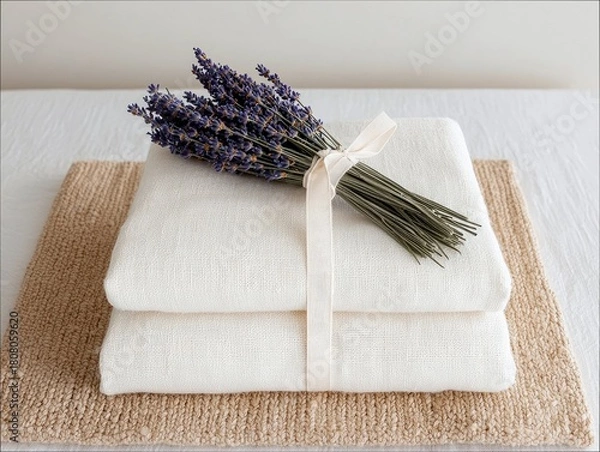 Obraz A bundle of dried lavender tied with a cream ribbon is placed on top of two neatly folded white linen cloths, which sit on a textured beige mat.