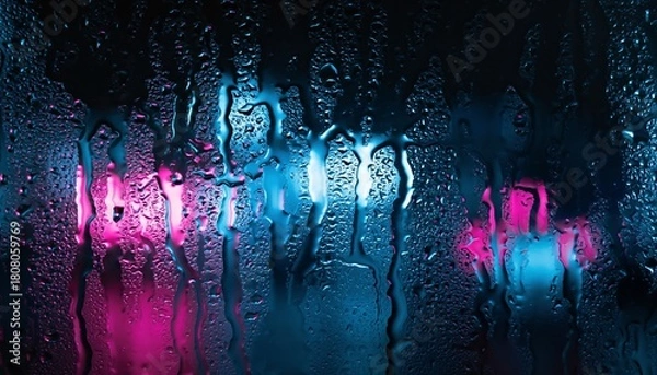 Fototapeta Rain soaked glass surface with neon pink and blue lights creating dramatic cinematic atmosphere
