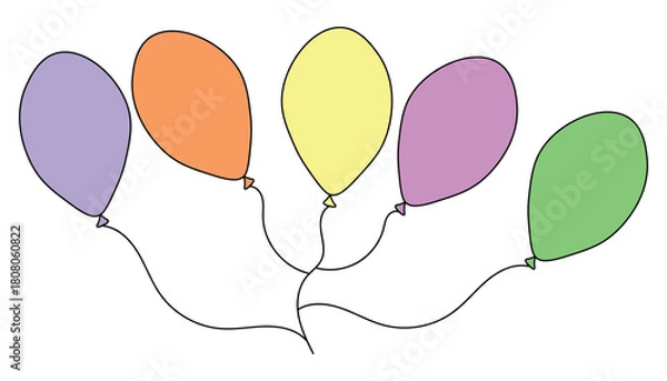 Obraz A cluster of five colorful, hand-drawn balloons floating together on strings, perfect for celebrations.