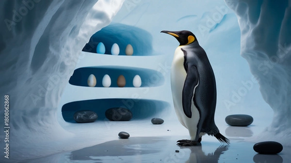 Obraz Illustration of a king penguin stands guard near its eggs in an icy cave habitat