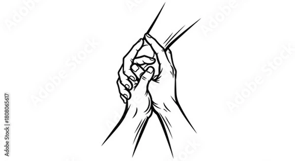 Fototapeta Two hands firmly grasping each other, illustrating concepts of support, help, and rescue in a black and white line drawing.