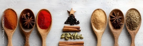 Fototapeta Colorful arrangement of spices as Christmas trees on spoons in festive shape showcasing diverse flavors and culinary traditions