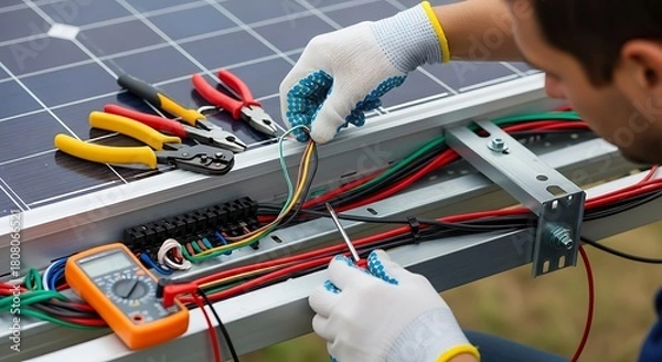 Fototapeta An electrician meticulously working on a solar panel with tools and wires
