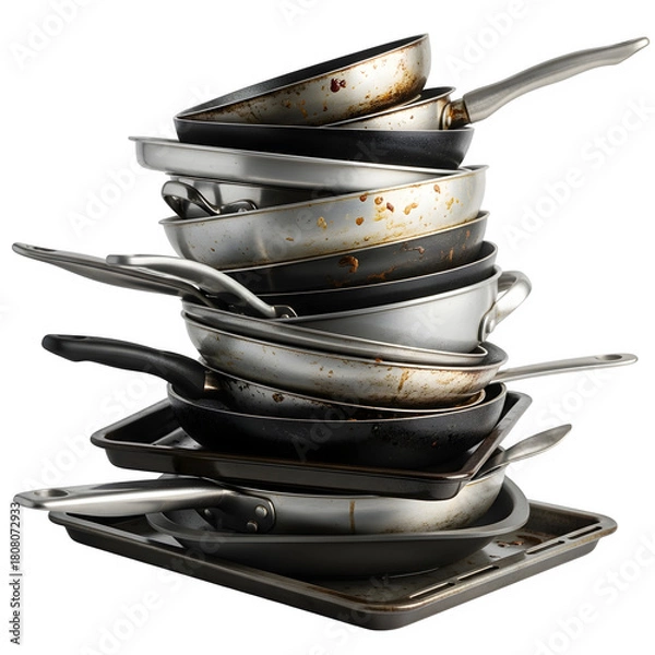 Fototapeta a stack of dirty pans isolated on transparent or white background. PNG
