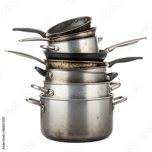 Fototapeta a stack of dirty pans isolated on transparent or white background. PNG
