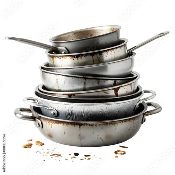 Fototapeta a stack of dirty pans isolated on transparent or white background. PNG
