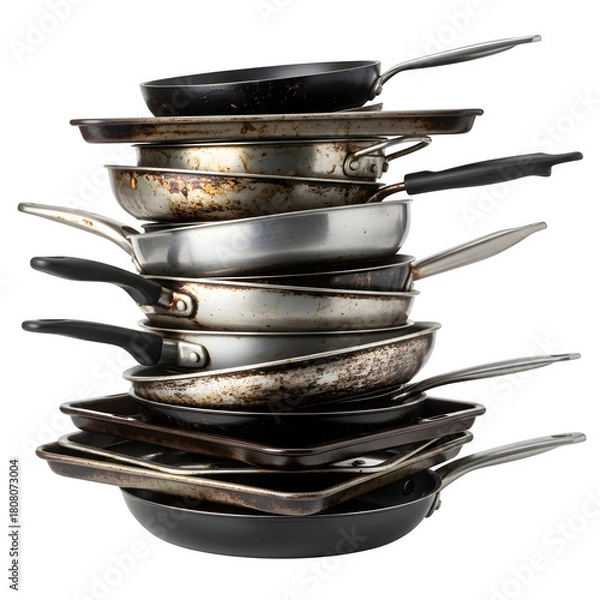 Fototapeta a stack of dirty pans isolated on transparent or white background. PNG
