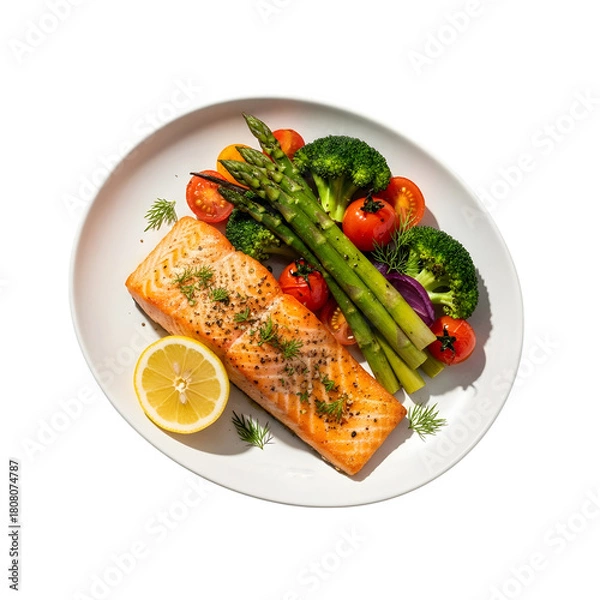 Fototapeta a plate with salmon and vegetables on it isolated on transparent or white background. PNG

