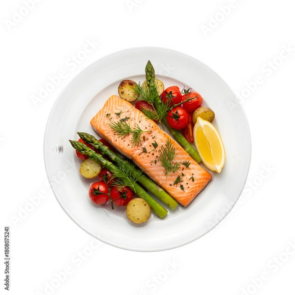 Fototapeta a plate with salmon and vegetables on it isolated on transparent or white background. PNG
