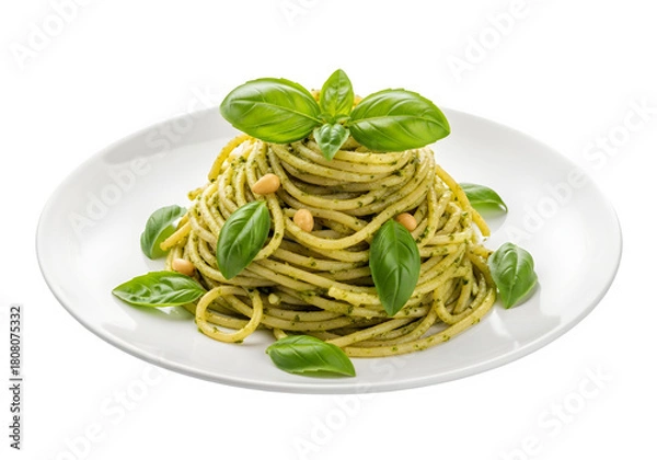 Fototapeta a plate of spaghetti with pesto sauce and basil isolated on transparent or white background. PNG
