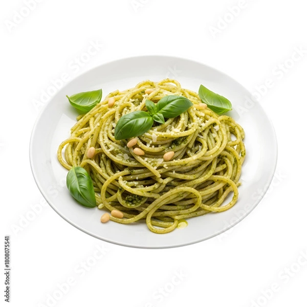 Fototapeta a plate of spaghetti with pesto sauce and basil isolated on transparent or white background. PNG
