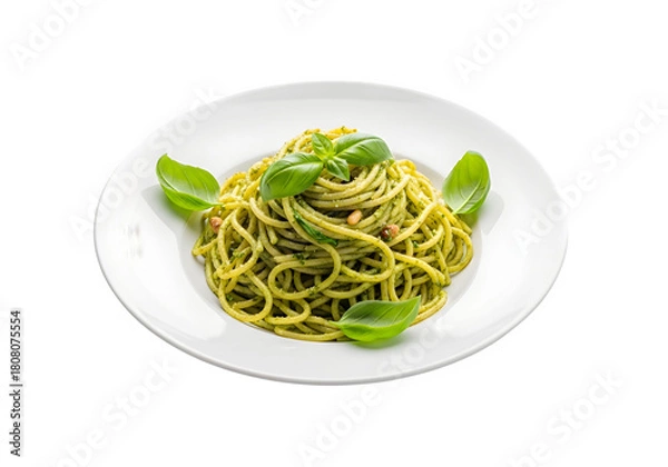 Fototapeta a plate of spaghetti with pesto sauce and basil isolated on transparent or white background. PNG
