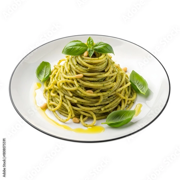 Fototapeta a plate of spaghetti with pesto sauce and basil isolated on transparent or white background. PNG
