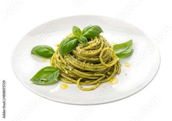 Fototapeta a plate of spaghetti with pesto sauce and basil isolated on transparent or white background. PNG
