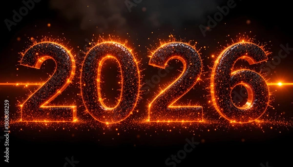 Obraz Fiery orange 2026 numbers with glowing particles and dark background year text