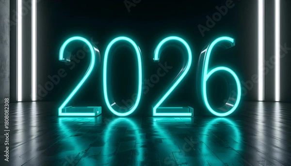 Fototapeta Glowing turquoise 2026 numbers on dark reflective floor with vertical lights year neon