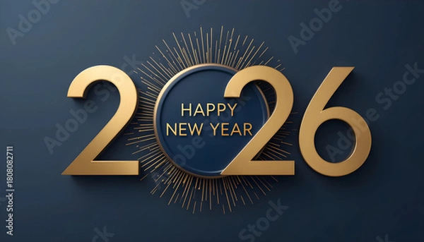 Obraz Golden 2026 Happy New Year text with radiating lines on dark blue image