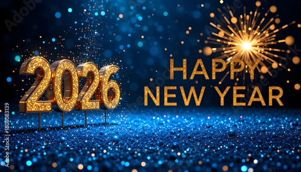 Obraz Golden 2026 Numbers and Happy New Year Text with Firework image