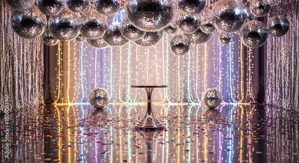 Fototapeta Retro Disco Birthday Setup with Mirror Balls and LED Lights