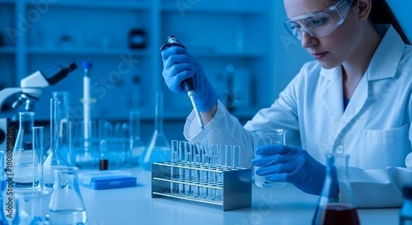 Obraz Laboratory technician pipetting liquid into test tubes under blue lighting showing scientific process