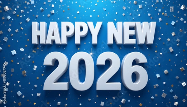 Fototapeta Happy New 2026 white text with silver confetti on blue background year celebration