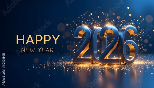 Fototapeta Happy New Year 2026 golden text and metallic numbers with sparkles celebration