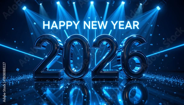 Fototapeta Happy New Year 2026 metallic numbers with blue stage lights image