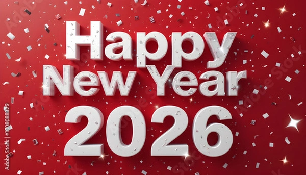 Fototapeta Happy New Year 2026 white 3 D text with silver confetti on red background image