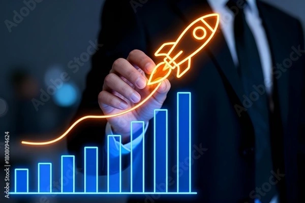 Obraz Startup rocket launch symbolizing business growth and success with glowing digital arrow, innovation strategy, market performance, leadership vision, venture capital progress, strong business moment