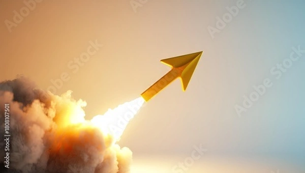 Fototapeta Abstract explosion simulation with flying arrow sign illustrating fast business growth, financial progress, startup potential, future innovation, market opportunity and upward revenue success concept