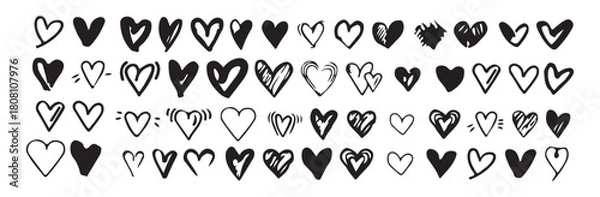 Obraz Hand drawn heart shapes. Variety of doodle love icons. Sketchy heart collection. Expressive heart set.