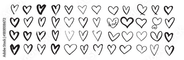 Obraz Heart doodles collection. Hand drawn hearts. Vector illustration design elements. Black outlined hearts.