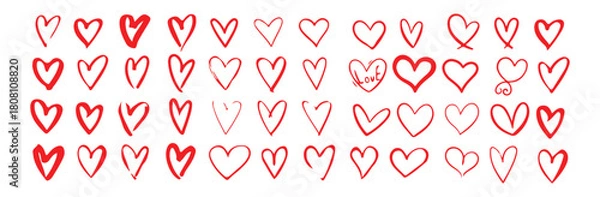 Obraz Red heart doodles collection. Hand drawn hearts. Vector illustration design elements. Vibrant red color.