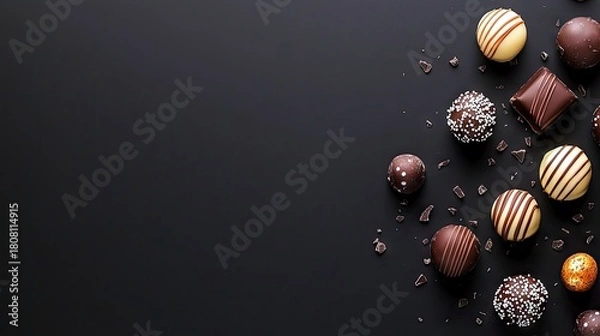 Fototapeta A collection of assorted gourmet chocolates, including truffles and squares, are artfully arranged on a dark, textured surface with scattered chocolate shavings