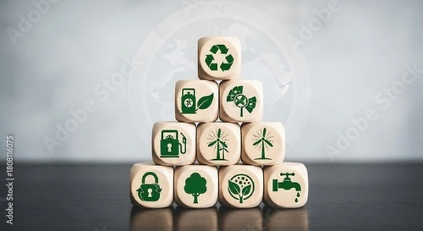 Fototapeta Sustainable solutions stacked creatively show renewable energy sources promoting environmental awareness and conscious decisions for a greener future today