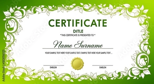 Fototapeta Elegant green certificate template for awards, achievements, or diplomas, perfect for customizable recognition documents with a professional touch for any event