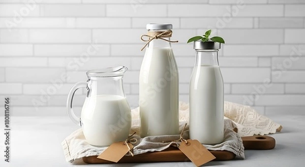 Fototapeta Fresh milk bottles and pitcher on rustic tray for healthy lifestyle ads or dairy product marketing campaigns, promoting organic farming and pure ingredients