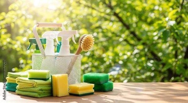 Fototapeta Bask in the Freshness Modern cleaning supplies shine in the sunlit garden, offering a natural approach to spring cleaning and eco-friendly living