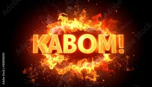 Fototapeta Graphic of glowing "KABOM!" engulfed in fire and smoke against a black background