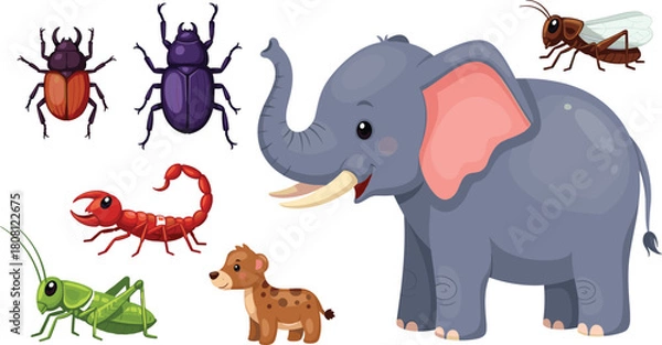 Fototapeta Cartoon animal and insect set, elephant, hyena, grasshopper, scorpion, beetle, bug, cute wildlife clipart, colorful, nature, character design