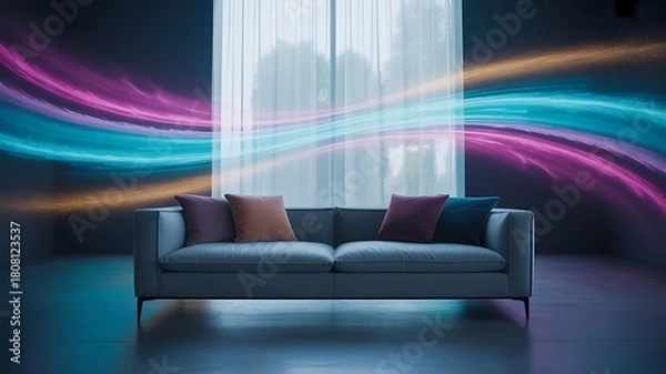 Fototapeta Abstract Light Trails Flowing Over a Modern Sofa couch ,  energy, flow, movement, vibrant, colorful, neon, glowing